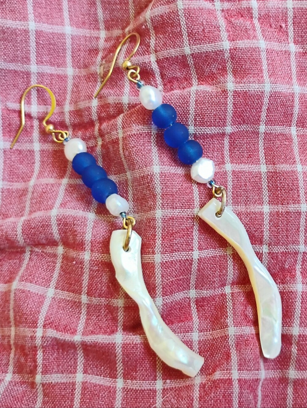 Handmade Mother Of Pearl, Pearls, And Cobalt Glass Earrings